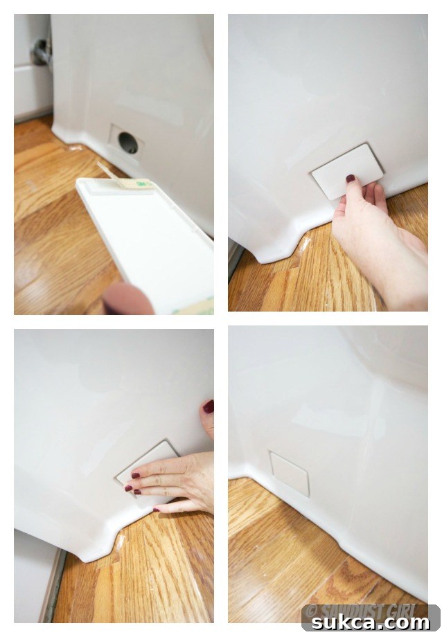 How to install a one-piece toilet Applying hook and loop adhesive covers for toilet bolt access on a skirted toilet.