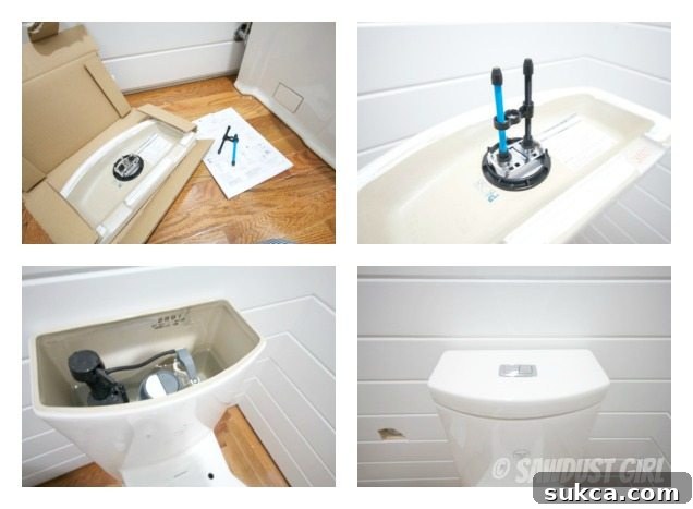 How to install a one-piece toilet Installing the black and blue tubes of a double flush toilet mechanism inside the tank.