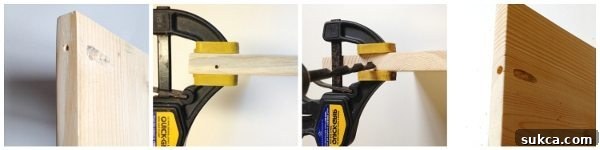 Close-up of pocket holes drilled for straps on a DIY Organizer Board