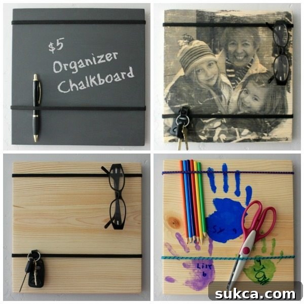 Variety of customized DIY Organizer Boards including chalkboard, photo, and hand-rubbed finishes