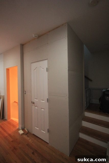 Spacious new storage closet in the hallway, replacing an armoire, with plans for wall planking and a barn door to the basement.