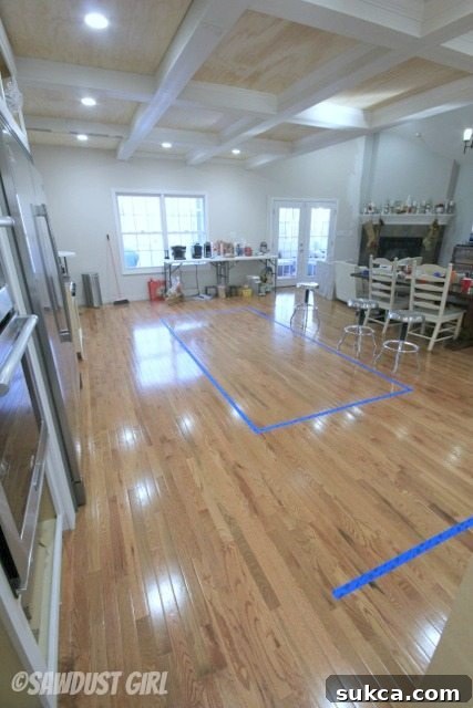 New Single Large Island Design Taped-off footprint of the new single large kitchen island plan