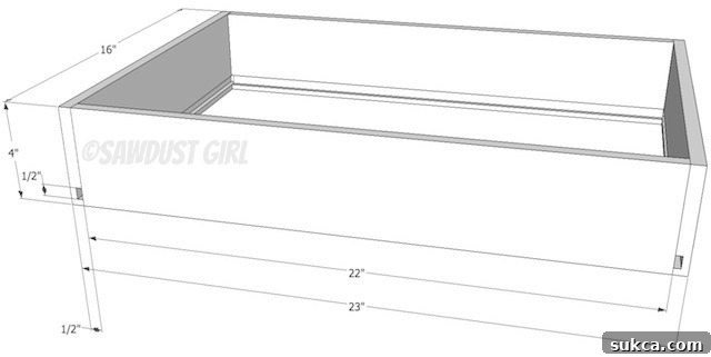 Drawing for center drawer in the center cabinets