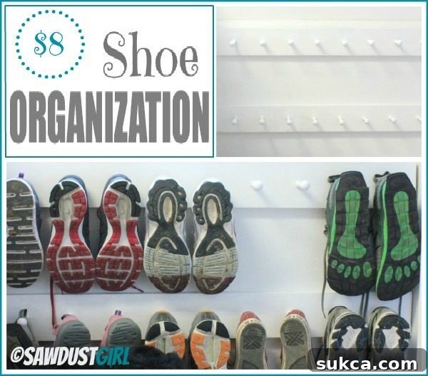 DIY Hanging Shoe Organization with Shaker Pegs Transform your entryway with this super cheap, easy, and effective DIY hanging shoe organization project using shaker pegs. Say goodbye to shoe clutter and hello to a tidy space!