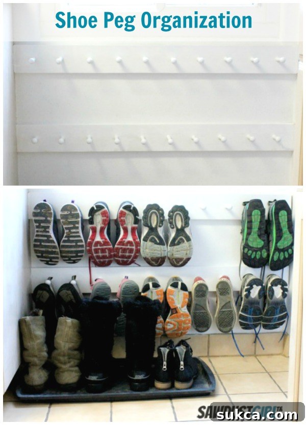 DIY Hanging Shoe Organization Solution The stunning 'after' shot of a newly organized entryway featuring easy-to-make DIY hanging shoe storage with shaker pegs. Shoes are neatly stored off the floor, freeing up space.