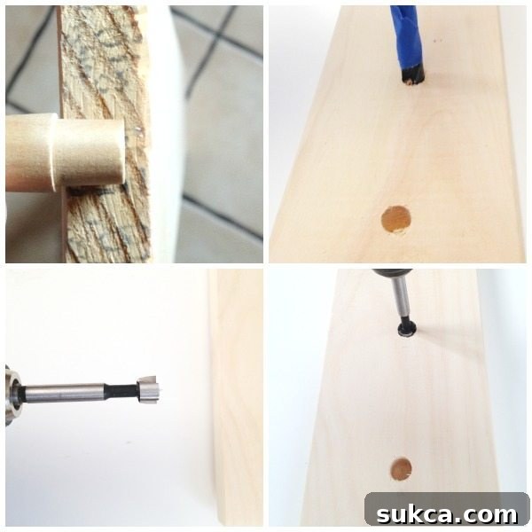 Drilling Holes for Pegboard Shoe Rack Using a power drill to create holes in the wooden board for the DIY shoe organization pegs, ensuring even spacing and depth.
