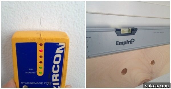 Installing Shoe Peg Boards on Wall Attaching the prepared wooden board to the wall using screws and a level, ensuring the DIY shoe organizer is straight and secure.