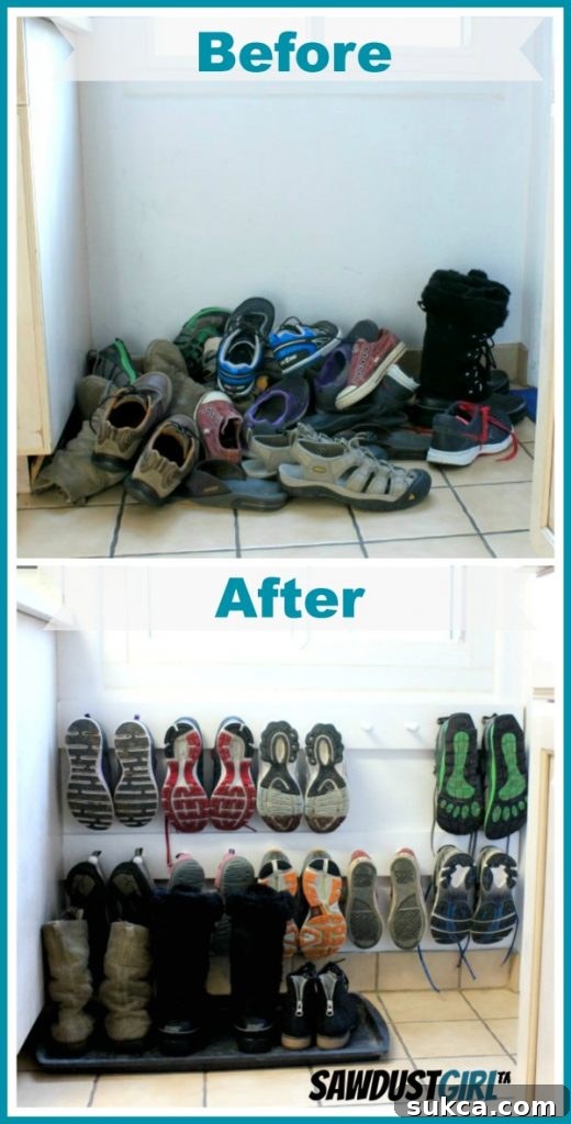 Completed DIY Shoe Organization Project The completed DIY hanging shoe storage solution, showcasing neatly organized shoes on shaker pegs in a tidy entryway, demonstrating effective clutter management.