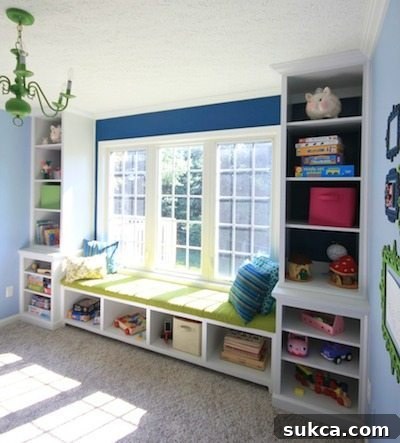 Robin's Built-in Window Seat Design Finished built-in window seat bench plans in a playroom setting