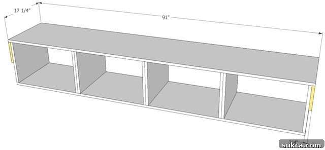 Secure the Bench Top Panel Instructions for attaching the top panel to the window seat frame, showing overhangs