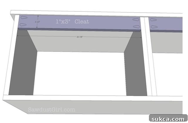 Attach Back Cleats for Stability Detailed view of attaching back cleats with pocket hole screws to the built-in window seat bench
