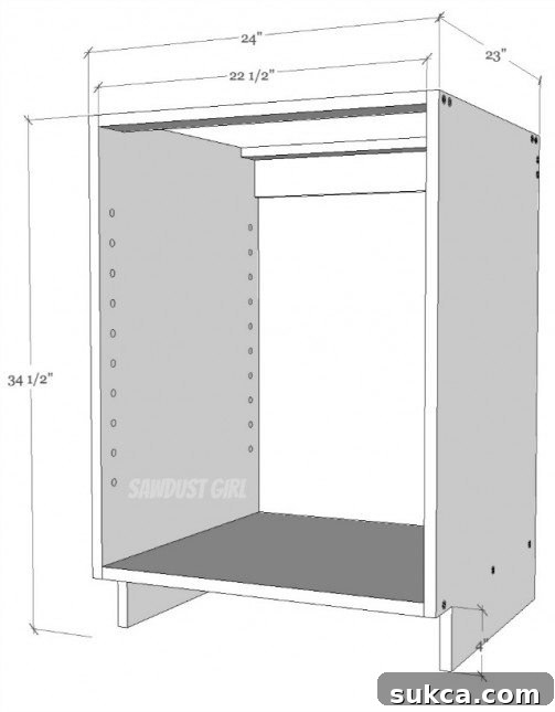 Detailed simple cabinet building plan showing dimensions and toe kick cutout for a kitchen base unit.