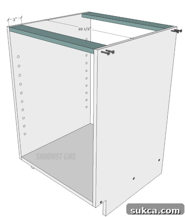 Installing top cleats for a DIY kitchen cabinet to ensure sturdy countertop support.