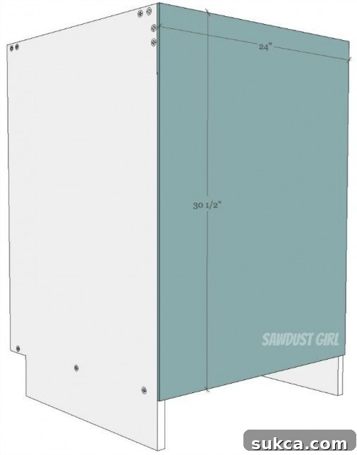 Free woodworking plans for Kitchen Cabinets demonstrating the proper back panel attachment for structural integrity.