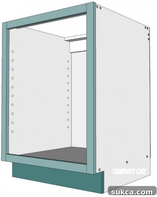 Attach faceframe to cabinet, also demonstrating the final kick plate installation for a complete look.