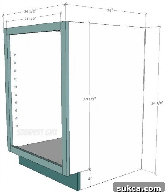Detailed diagram of DIY cabinet components with dimensions
