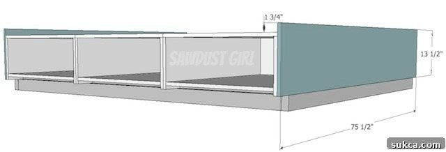 Illustration of attaching the headboard and footboard panels to the platform bed structure, emphasizing screw placement from the inside.