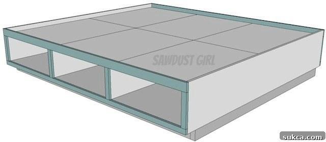 Assembled platform storage bed with faceframes attached to the drawer compartments, ready for drawer installation.