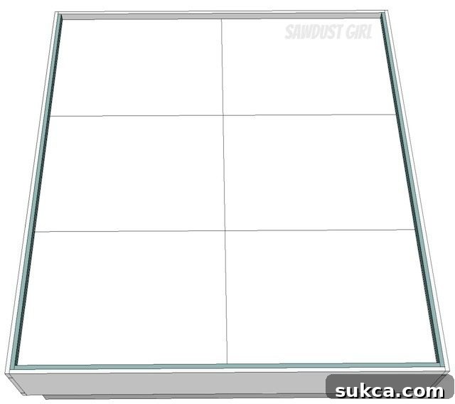 Diagram showing the placement of the 1x2 filler strip along the inside top edge of the bed frame, creating a flush surface.