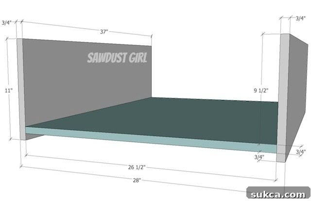 Detailed diagram showing how to attach the bottom panel to the side panels of the storage box, highlighting the 3/4 inch offset.