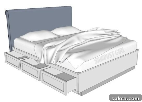 Another view of a completed platform bed with drawers, demonstrating the elegant and functional design.