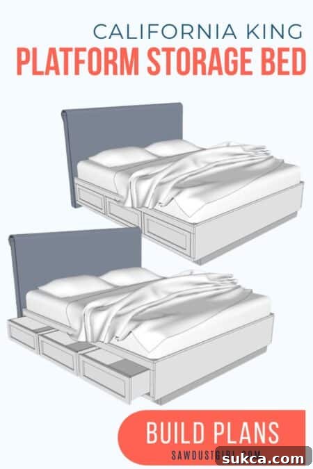 Finished Cal King platform storage bed from a different angle, showcasing its full design.