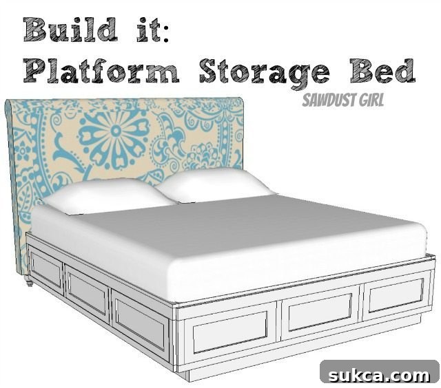 Cal King platform storage bed plans from Sawdust Girl.