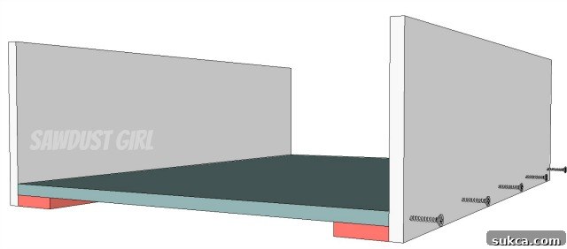 Assembly of the storage box side and bottom, illustrating screw placement for structural integrity.