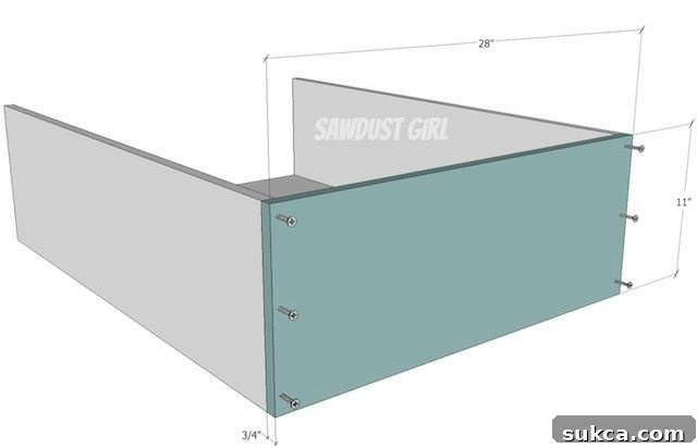 Illustration of securing the back panel to the storage box, showing correct alignment and screw points.