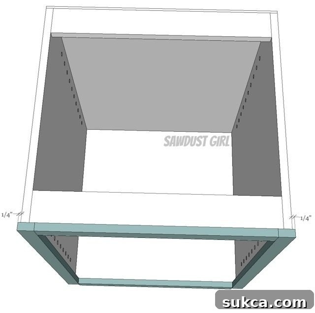 Hiding face frame fasteners with an extended face frame and false side panel