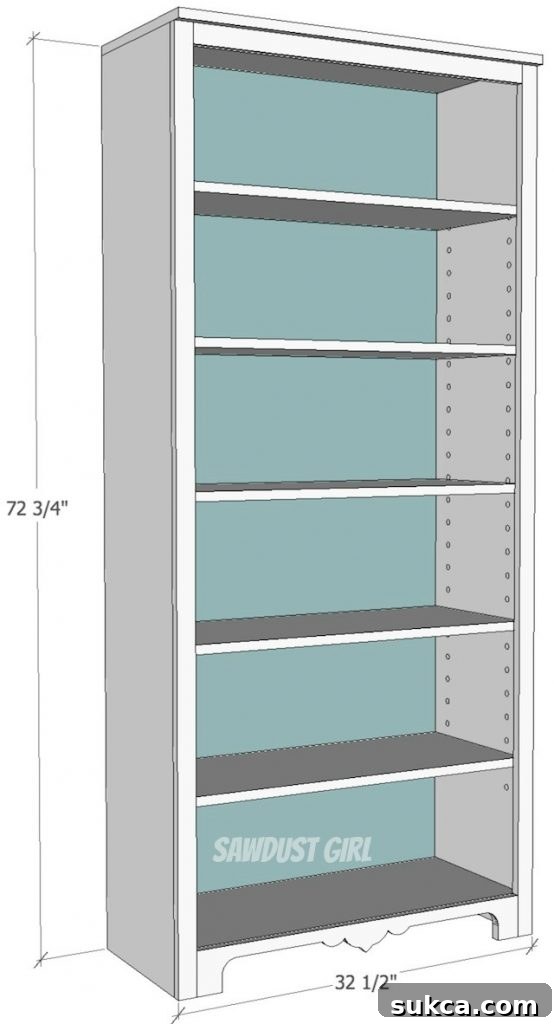 Free Plans to build a tall bookshelf with adjustable shelves from Sawdust Girl. Learn how to build a custom bookshelf for your home, perfect for storage and display.