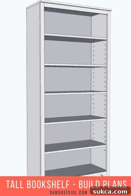 Completed tall bookshelf with adjustable shelves, showcasing a finished look and ample storage capacity.