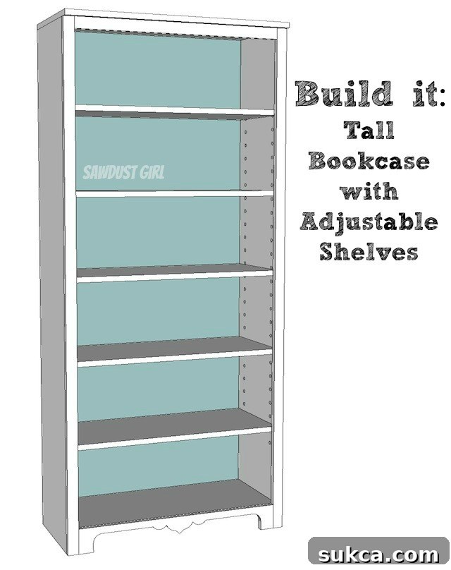 Close-up of a DIY bookshelf showing detail of adjustable shelves and craftsmanship.