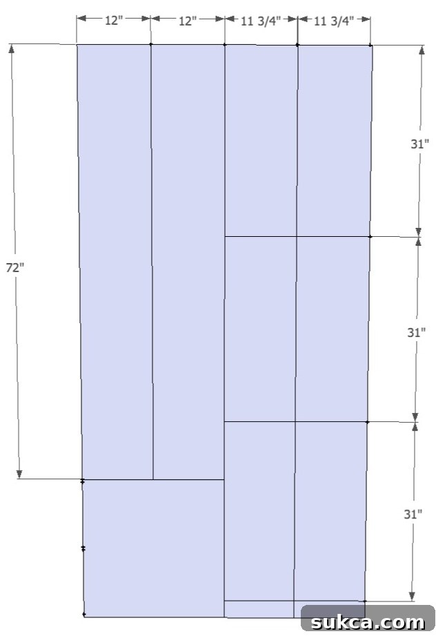 Detailed cut list for 3/4 inch plywood or MDF for a tall bookshelf with adjustable shelves.