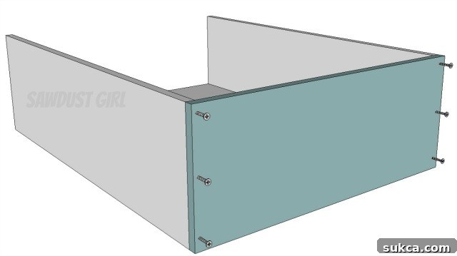 Assembly diagram showing how to build a basic bookshelf carcass with pocket holes and proper alignment of top, bottom, and side panels.