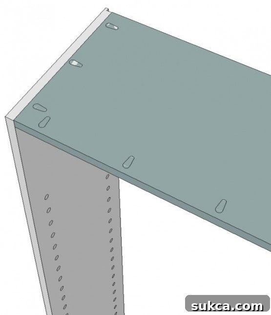 Close-up view of a bookshelf assembly demonstrating the use of pocket holes to secure top and bottom shelves to side panels, ensuring hidden fasteners.
