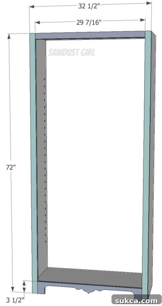 Diagram showing the construction and attachment of a bookshelf face frame, detailing the use of 1x2 and 1x4 lumber and pocket hole joinery.