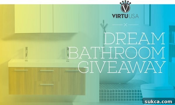 Dream Bathroom Giveaway banner featuring Virtu USA logo and inviting text, encouraging participation.