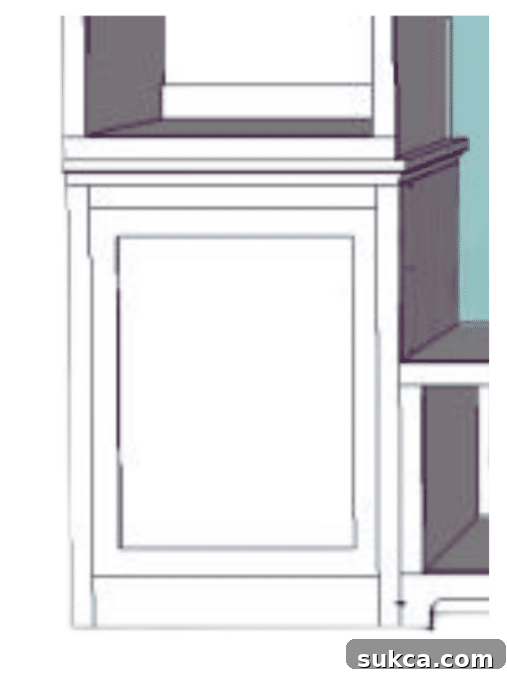 Detailed plan for a custom bookshelf base cabinet designed for built-in window seat integration.