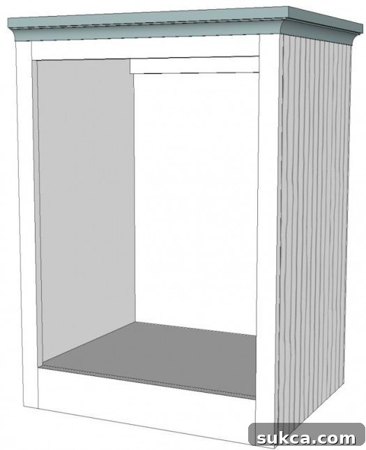 Illustrative diagram showing the attachment of the side panel, cabinet top, and decorative molding.
