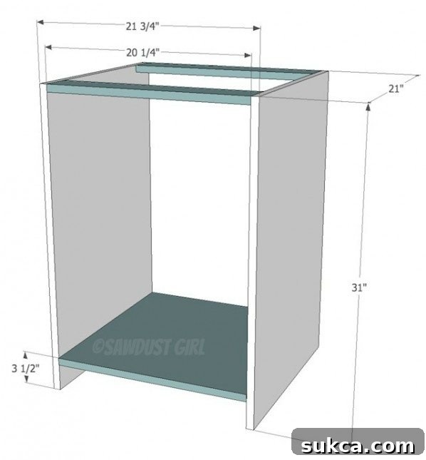 Detailed diagram for building the initial base structure of the built-in cabinet, showing screw placement and plywood assembly.