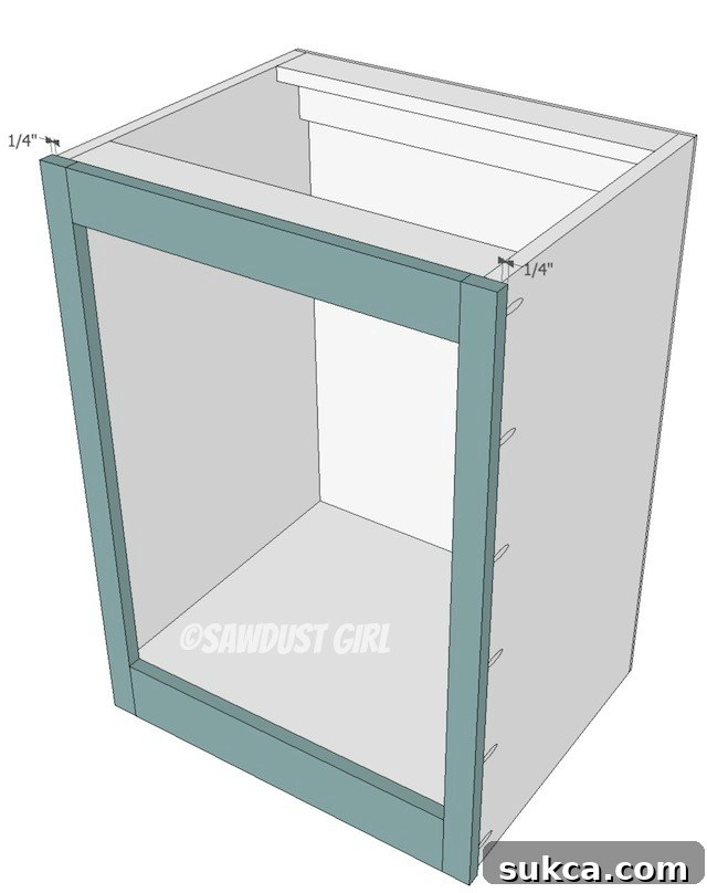 Side view of Face Frame Option 1, demonstrating how the baseboard fits over the bottom rail.