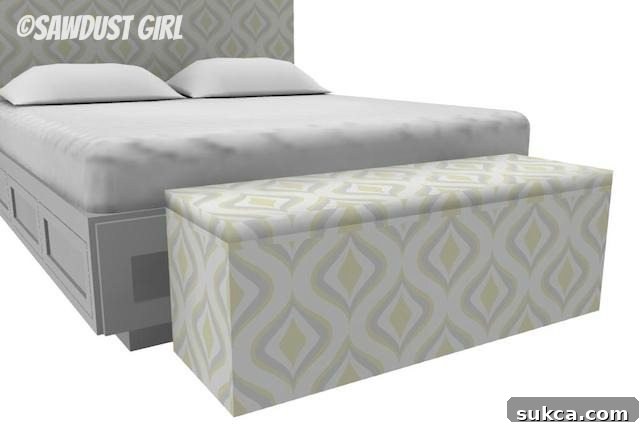 King size upholstered storage bench plans from SawdustGirl.com