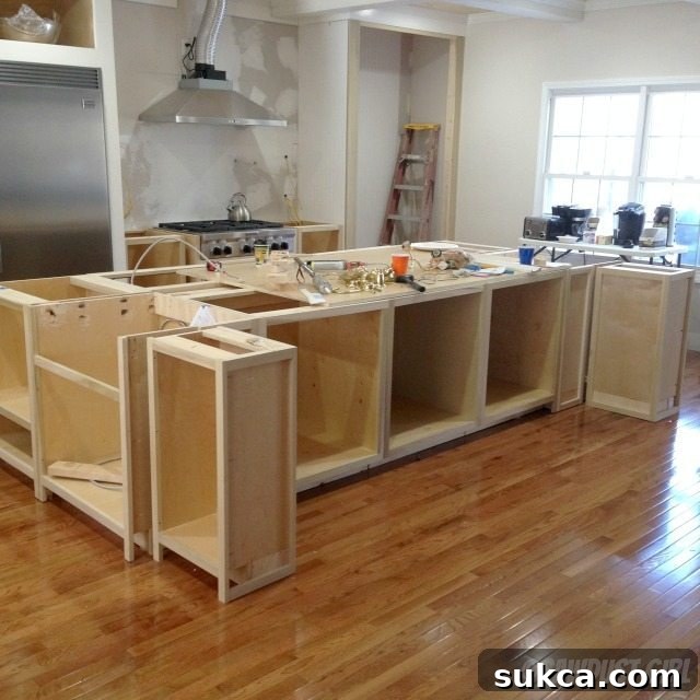 Kitchen island update showing cabinet framework and internal structure