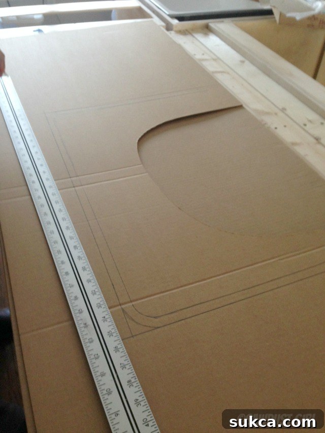 Kitchen island update in progress, showing a skilled fabricator meticulously creating templates for the sink cutout on the new countertop.
