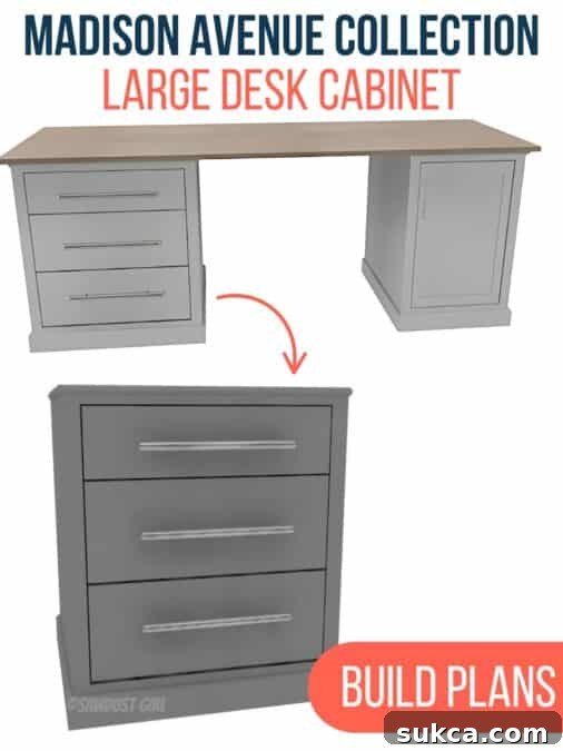 Completed Madison Avenue large desk cabinet as part of a custom desk setup, showcasing its robust design.