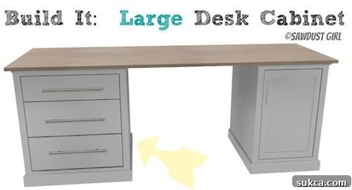 Another promotional graphic for DIY office desk, highlighting the large base cabinet.