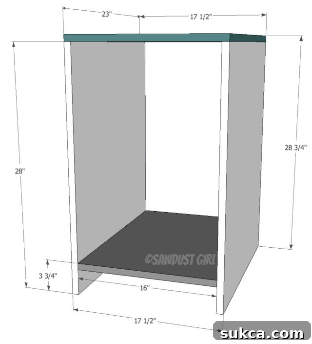 Detailed view of cabinet carcass assembly with pocket screws