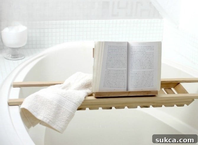 Finished cedar book holder on a wooden bath caddy