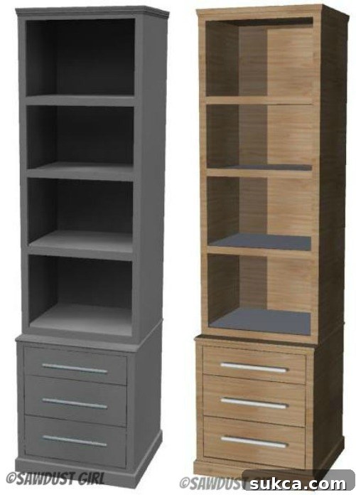 A tall, elegant bookcase created by stacking a Madison Avenue Collection bookcase atop a large desk cabinet, providing both open and closed storage.